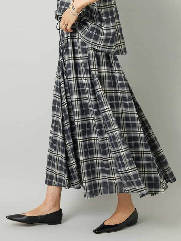 細褶設計透膚格紋長裙[成套搭配](黑色(94)/38)