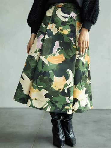 現代花卉印花打摺喇叭裙[成套搭配](綠色(35)/38)