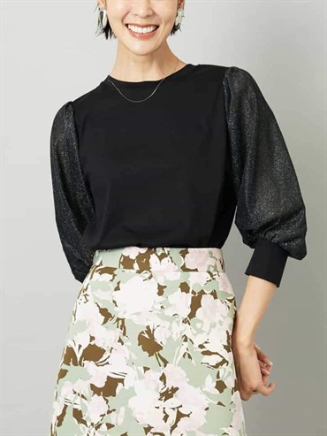 亮絲薄紗拼接袖上衣(黑色(94)/38)