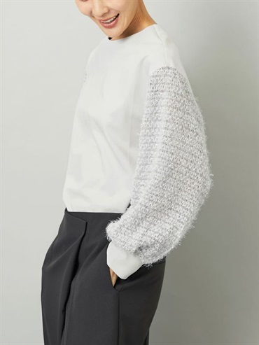 泡泡袖異素材拼接上衣(淺灰色(91)/38)