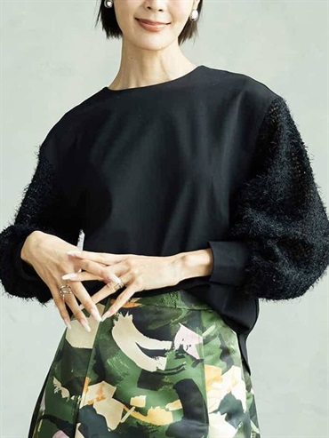 泡泡袖異素材拼接上衣(黑色(94)/38)