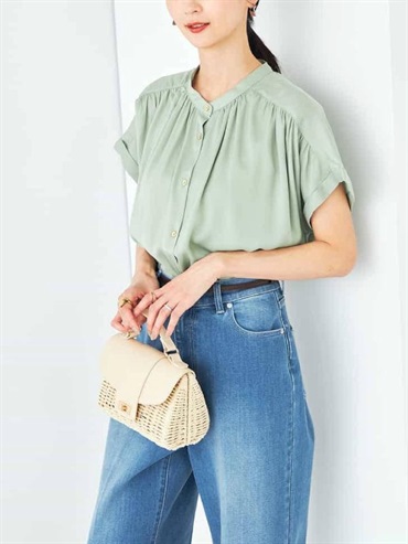 緞面抓褶上衣(淺綠色(30)/36)