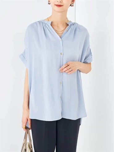 緞面抓褶上衣(天藍色(50)/36)