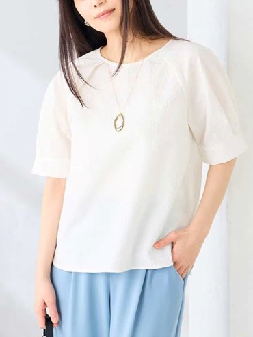 柔感泡泡紗打褶上衣(白色(90)/36)