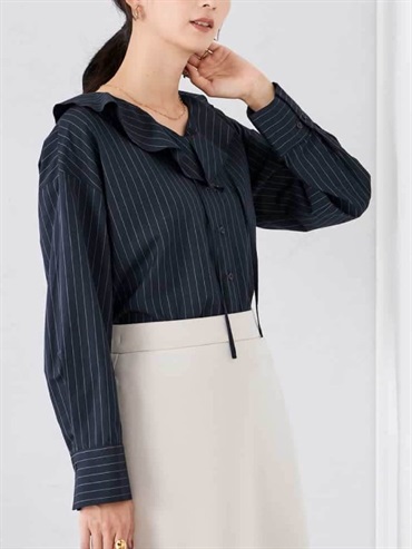 荷葉邊條紋襯衫(海軍藍(57)/38)