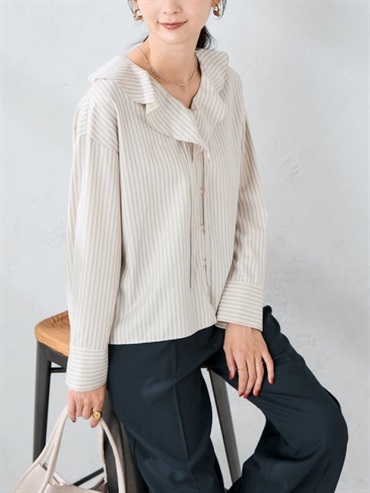 荷葉邊條紋襯衫(米色(82)/38)