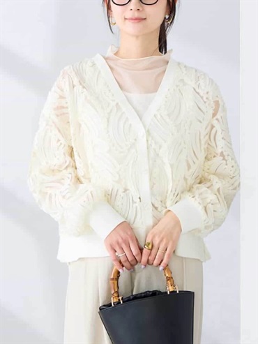 透膚刺繡網紗開襟衫(米白色(80)/38)