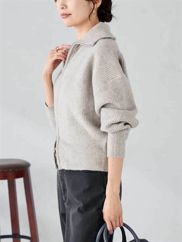 雙拉鍊領針織外套(米色(82)/38)