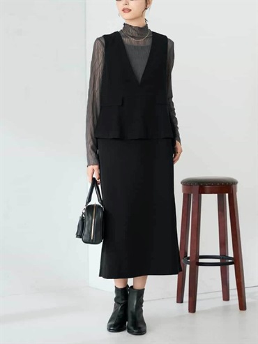 假兩件荷葉下擺拼接洋裝(黑色(94)/36)