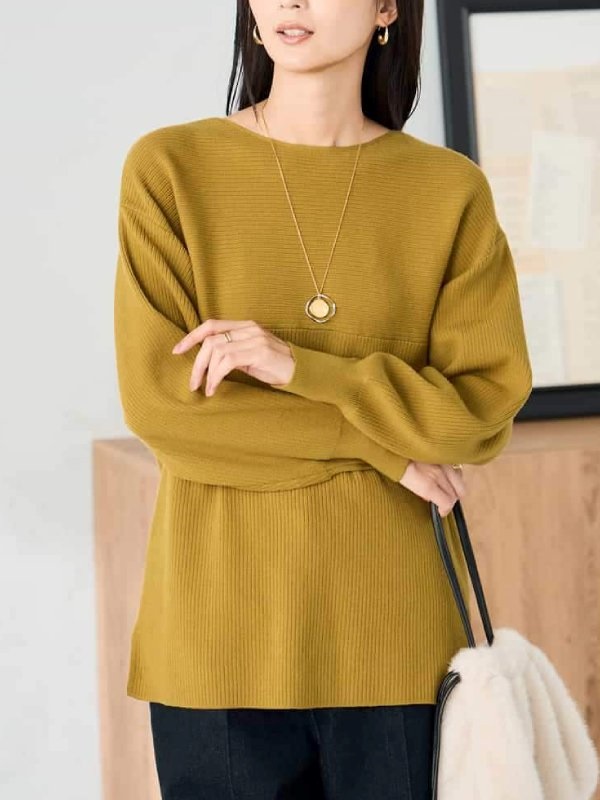 拼接船形領長版針織上衣(芥末黃色(26)/40)