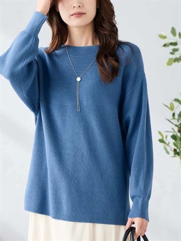 拼接船形領長版針織上衣(藍色(55)/36)