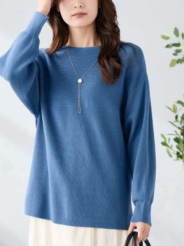 拼接船形領長版針織上衣(藍色(55)/36)