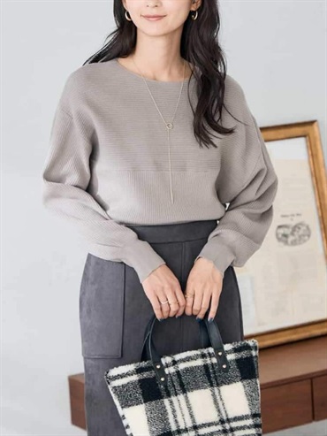 拼接船形領長版針織上衣(淺灰色(91)/36)