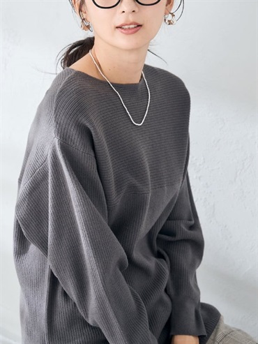 拼接船形領長版針織上衣(深灰色(93)/36)