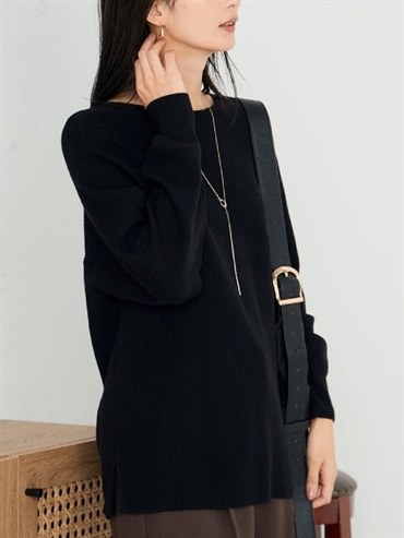 拼接船形領長版針織上衣(黑色(94)/38)
