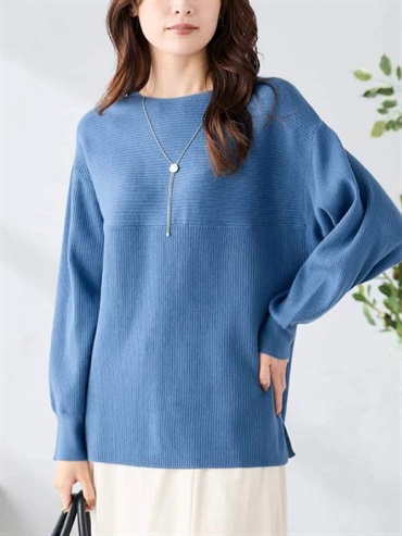 拼接船形領長版針織上衣