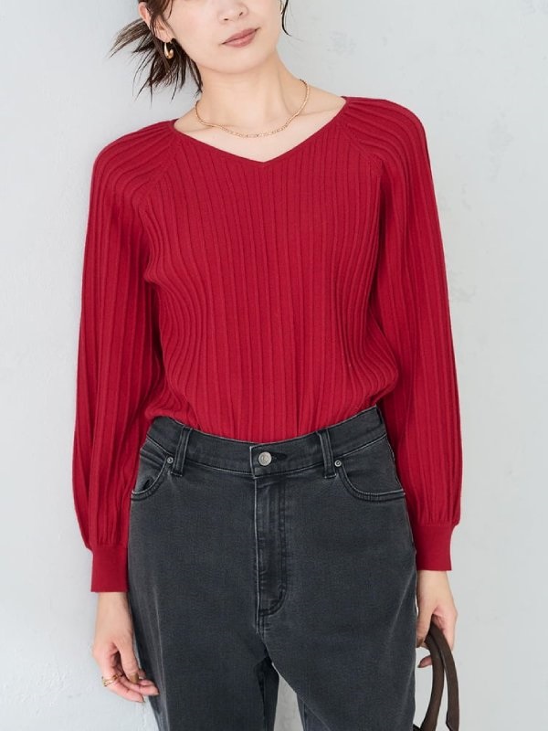 百褶感V領針織毛衣(玫紅色(05)/36)