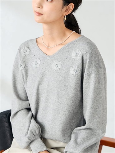 花卉刺繡針織上衣(灰色(92)/38)