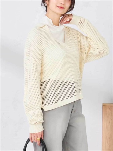 有領網眼針織衫(米白色(80)/38)