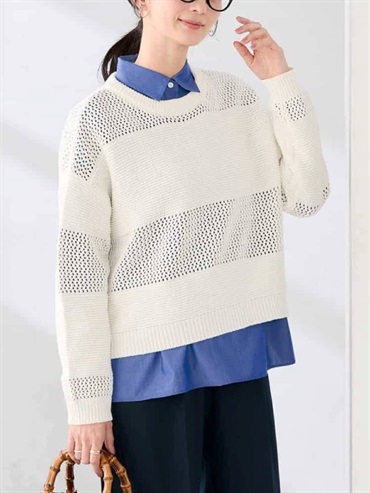 網眼條紋針織上衣(米白色(80)/38)
