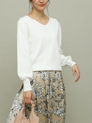 V領泡泡袖針織(米白色(80)/38)