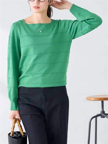 立體橫紋方領針織上衣(綠色(35)/36)
