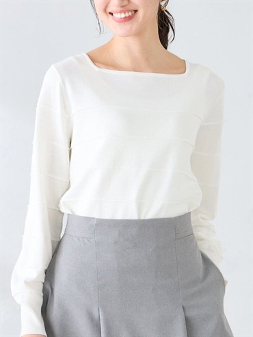 立體橫紋方領針織上衣(米白色(80)/36)