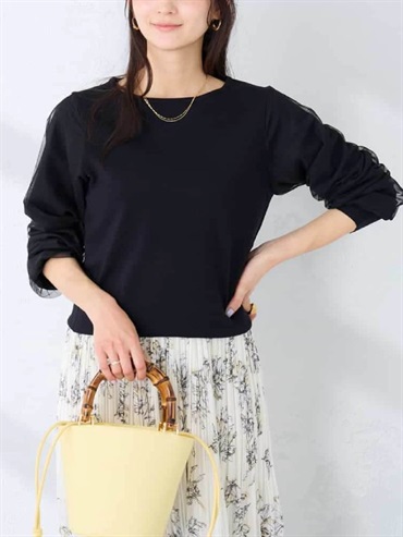 紗網袖針織上衣(黑色(94)/36)