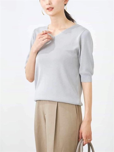 金屬紗線V領泡泡袖針織衫(灰色(92)/36)