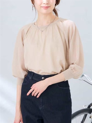 透膚抓皺針織上衣(米色(82)/38)
