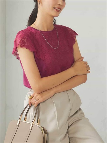 蕾絲滾邊法式袖針織衫(粉紅色(03)/38)