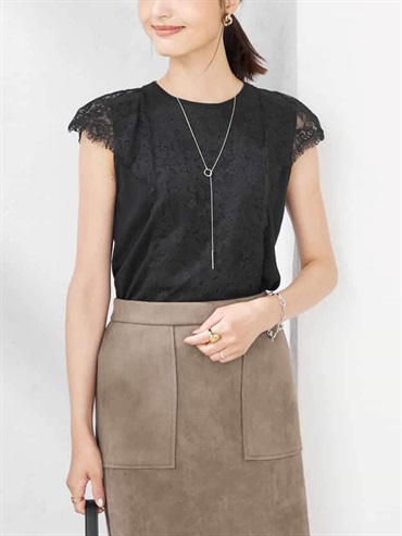 蕾絲滾邊法式袖針織衫(黑色(94)/38)