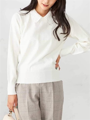 蕾絲領針織衫(米白色(80)/38)