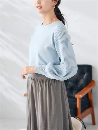 百褶袖針織上衣(天藍色(50)/36)