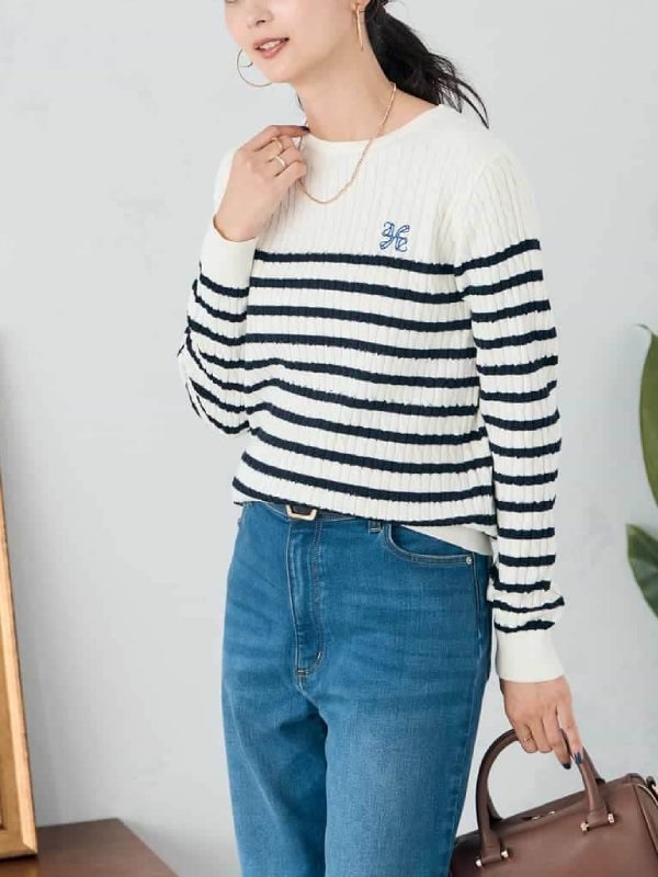 單點刺繡麻花針織上衣(米白色(80)/40)