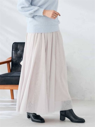 網紗傘襬長裙(米白色(80)/36)