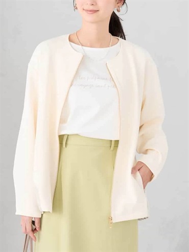異材質拼接無領短外套(米白色(80)/38)
