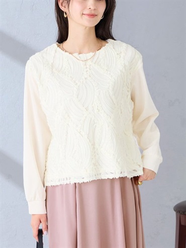 立體繩繡拼接網紗上衣(米白色(80)/38)