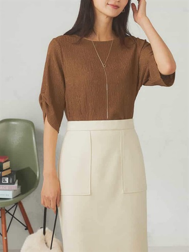 袖口抓皺雪紡針織上衣(摩卡色(84)/38)