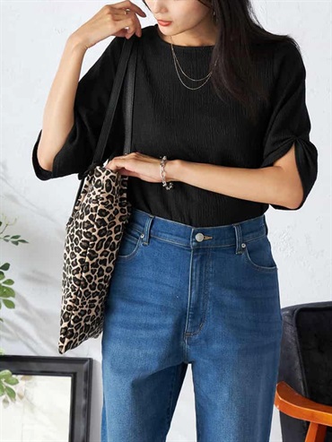 袖口抓皺雪紡針織上衣(黑色(94)/38)