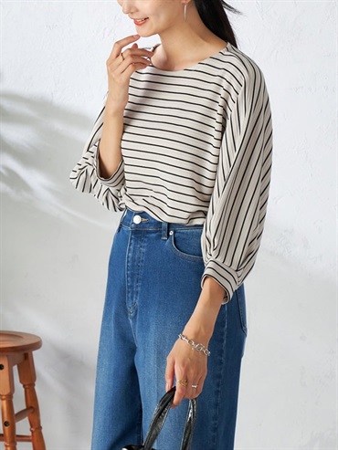 條紋寬袖上衣(米白色(80)/36)