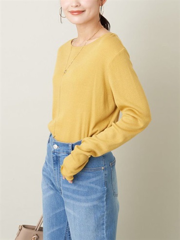 薄透彈力船領長袖上衣(黃色(20)/36)