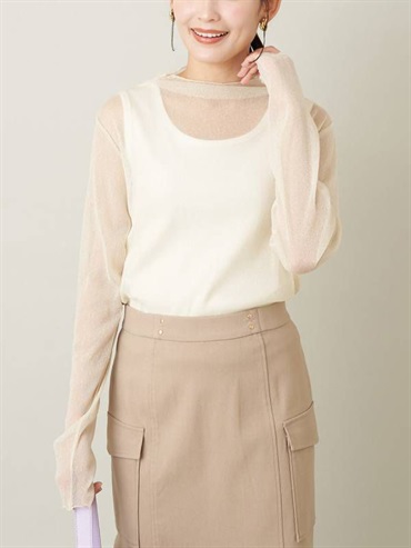 光澤紗線透視面料高領上衣(米白色(80)/36)