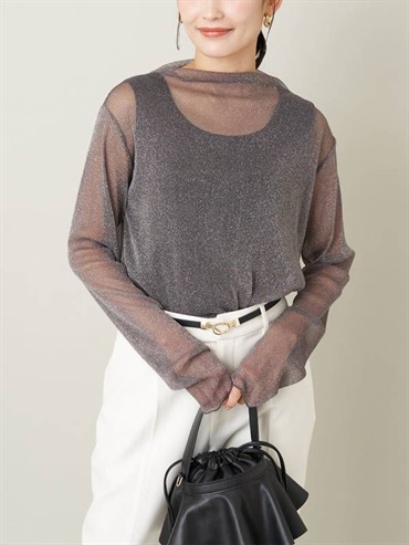 光澤紗線透視面料高領上衣(深灰色(93)/36)