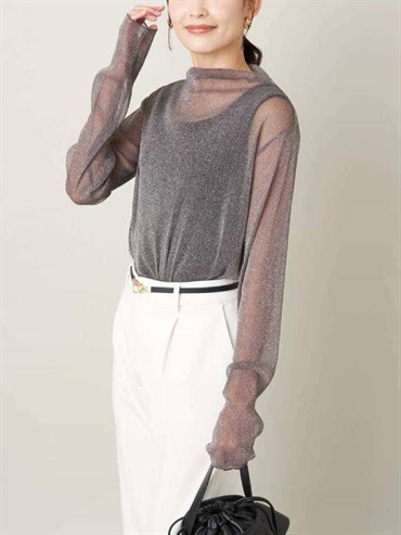 光澤紗線透視面料高領上衣