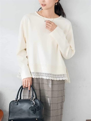 下擺蕾絲上衣(米白色(80)/38)