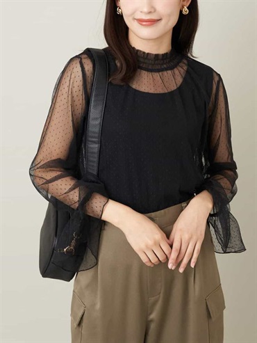 點點蕾絲荷葉袖上衣(黑色(94)/36)