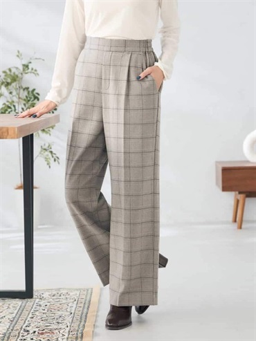 裏起毛美型修身格紋寬褲