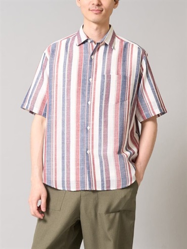 多色條紋寬版襯衫(玫紅色(05)/46)