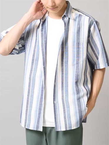 多色條紋寬版襯衫(藍色(55)/46)